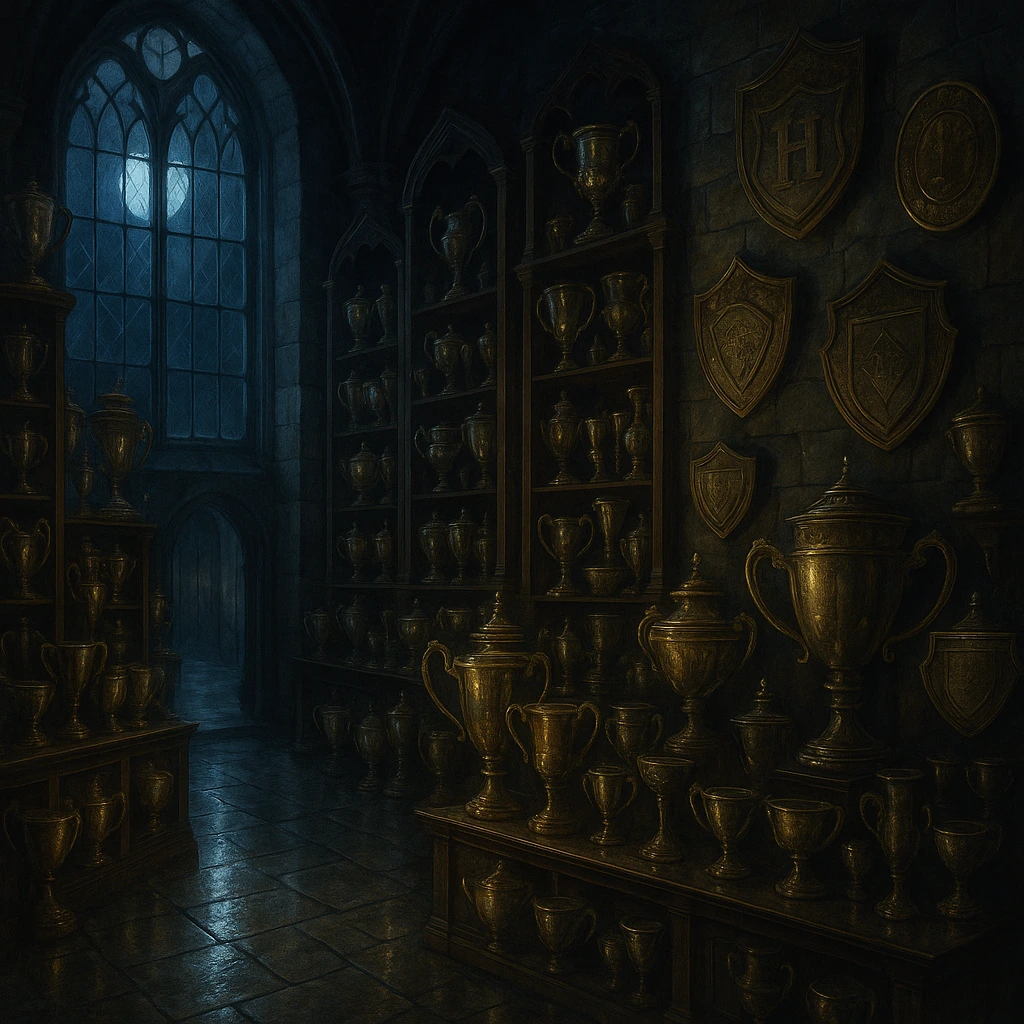 Midnight Duel Harry Potter – Moonlit trophy room at Hogwarts awaiting the duel