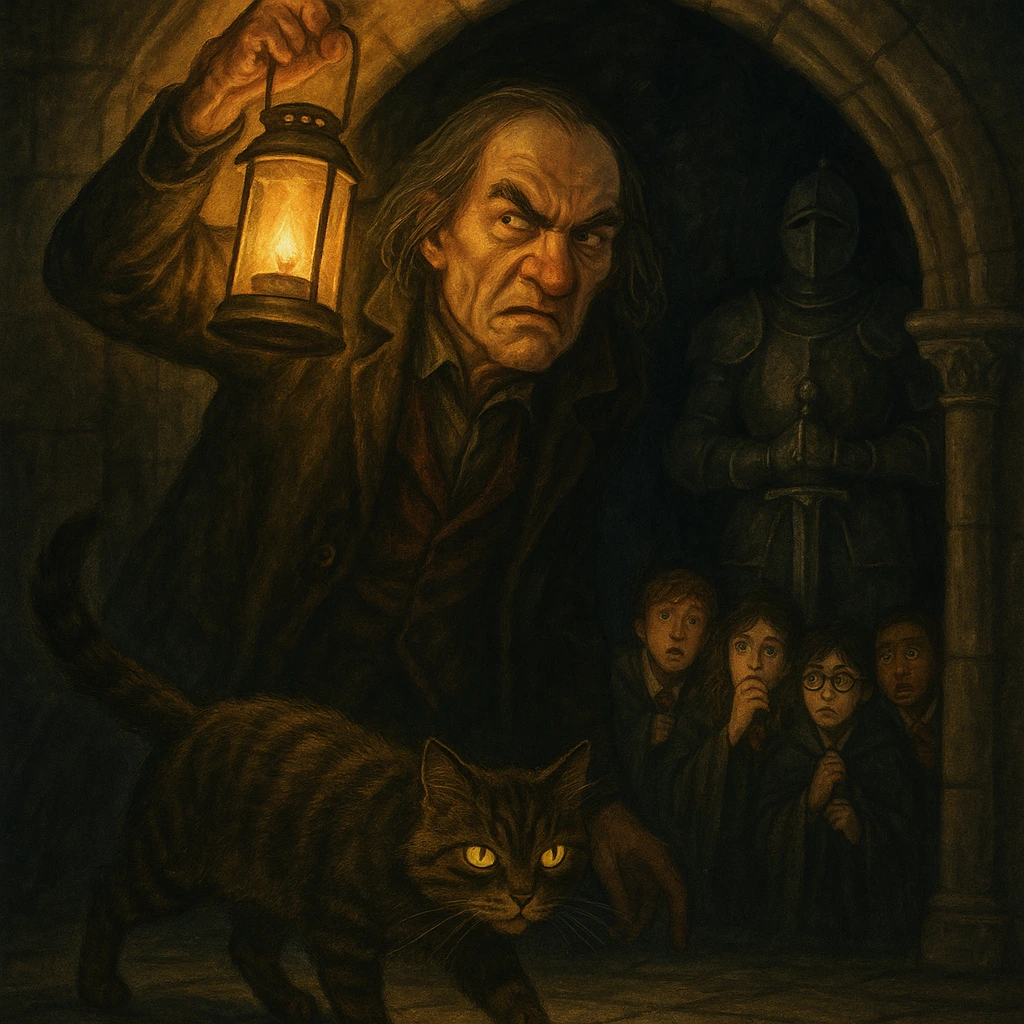 Midnight Duel Harry Potter – Filch and Mrs Norris hunting for Harry and friends at night in Hogwarts