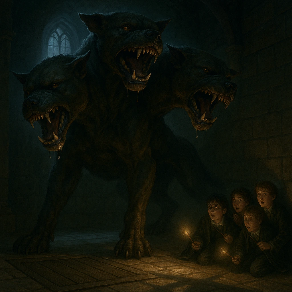 Midnight Duel Harry Potter – Harry, Ron, Hermione, and Neville encountering Fluffy the three-headed dog