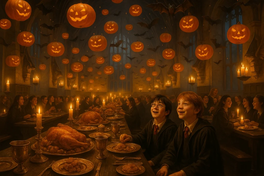 Harry Potter Halloween feast in the Great Hall with floating pumpkins and candlelight.