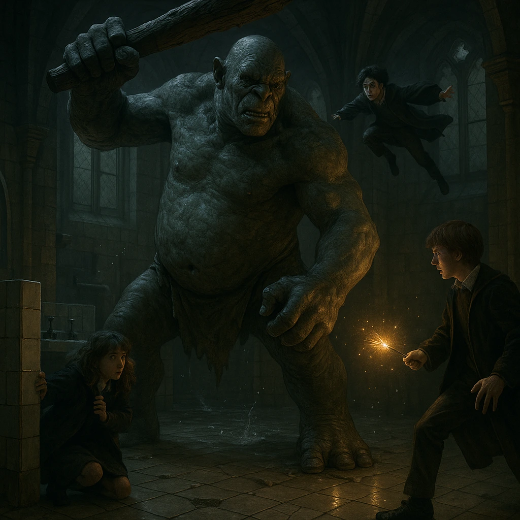 Harry Potter Halloween troll fight in Hogwarts bathroom with Ron and Hermione.