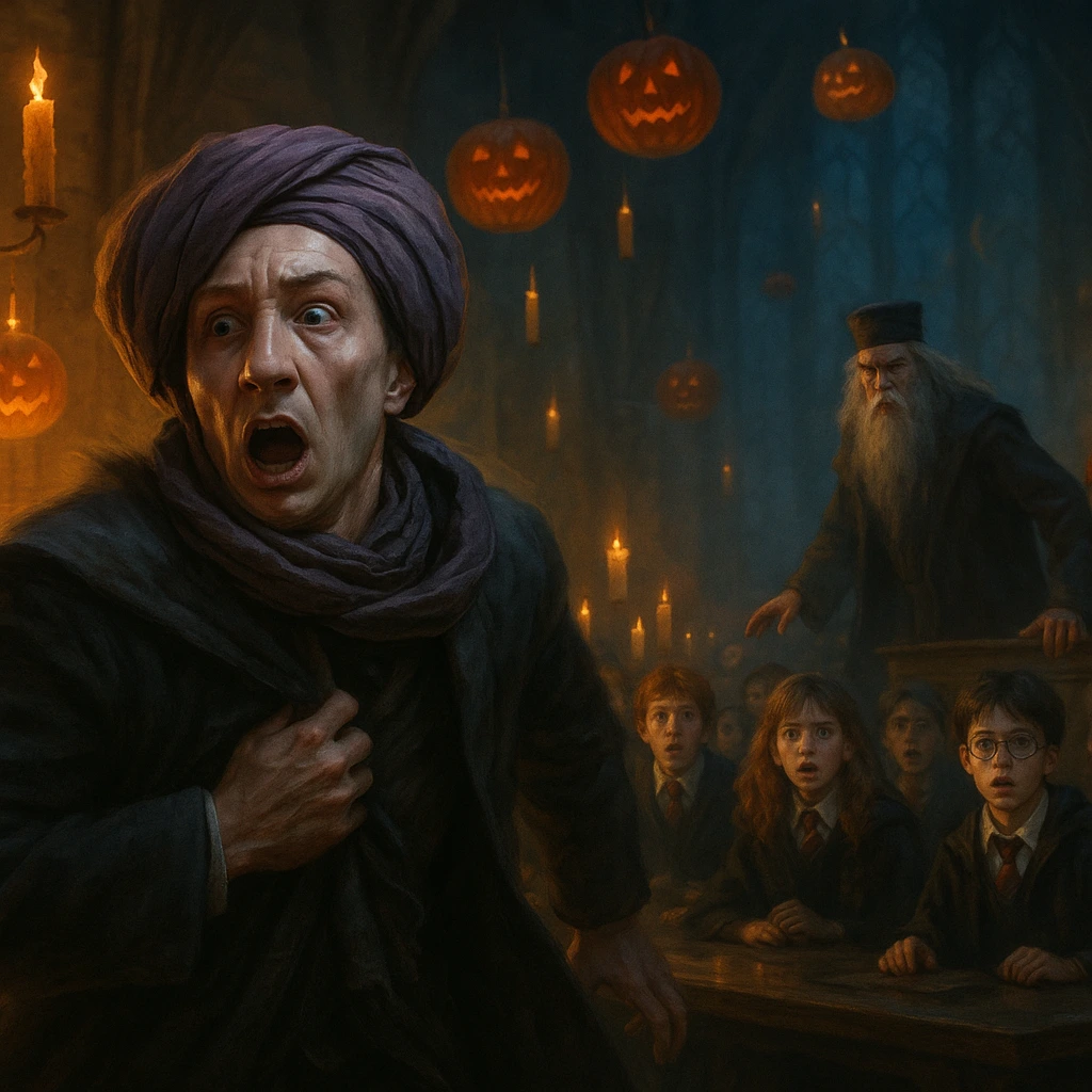 Harry Potter Halloween scene with Professor Quirrell warning about troll.