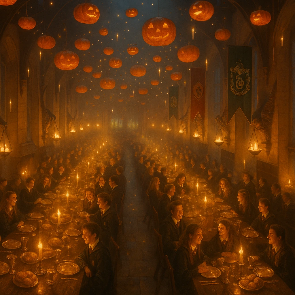 Harry Potter Halloween wide view of Hogwarts Great Hall with floating pumpkins.