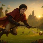Harry Potter Quidditch match with Harry chasing the Golden Snitch in his first Hogwarts game.