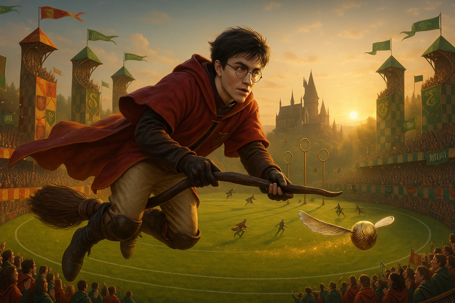 Harry Potter Quidditch match with Harry chasing the Golden Snitch in his first Hogwarts game.