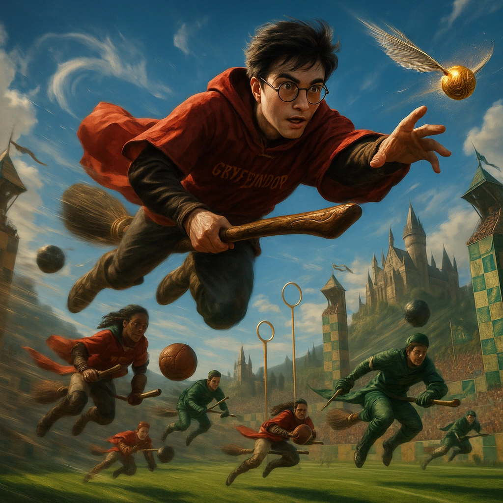 Harry Potter Quidditch match action scene with Chasers and Beaters in motion.