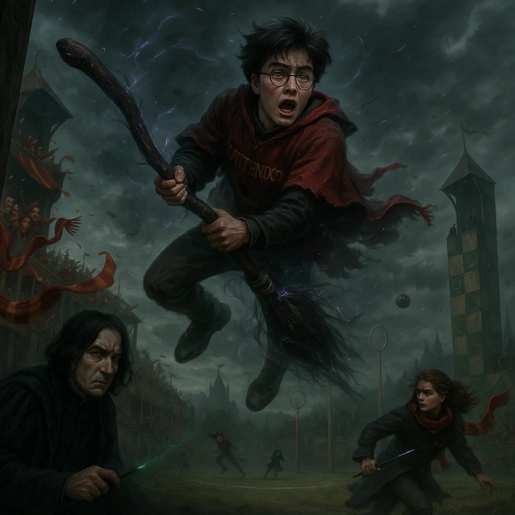 Harry Potter struggling to control his broom during cursed Quidditch moment.