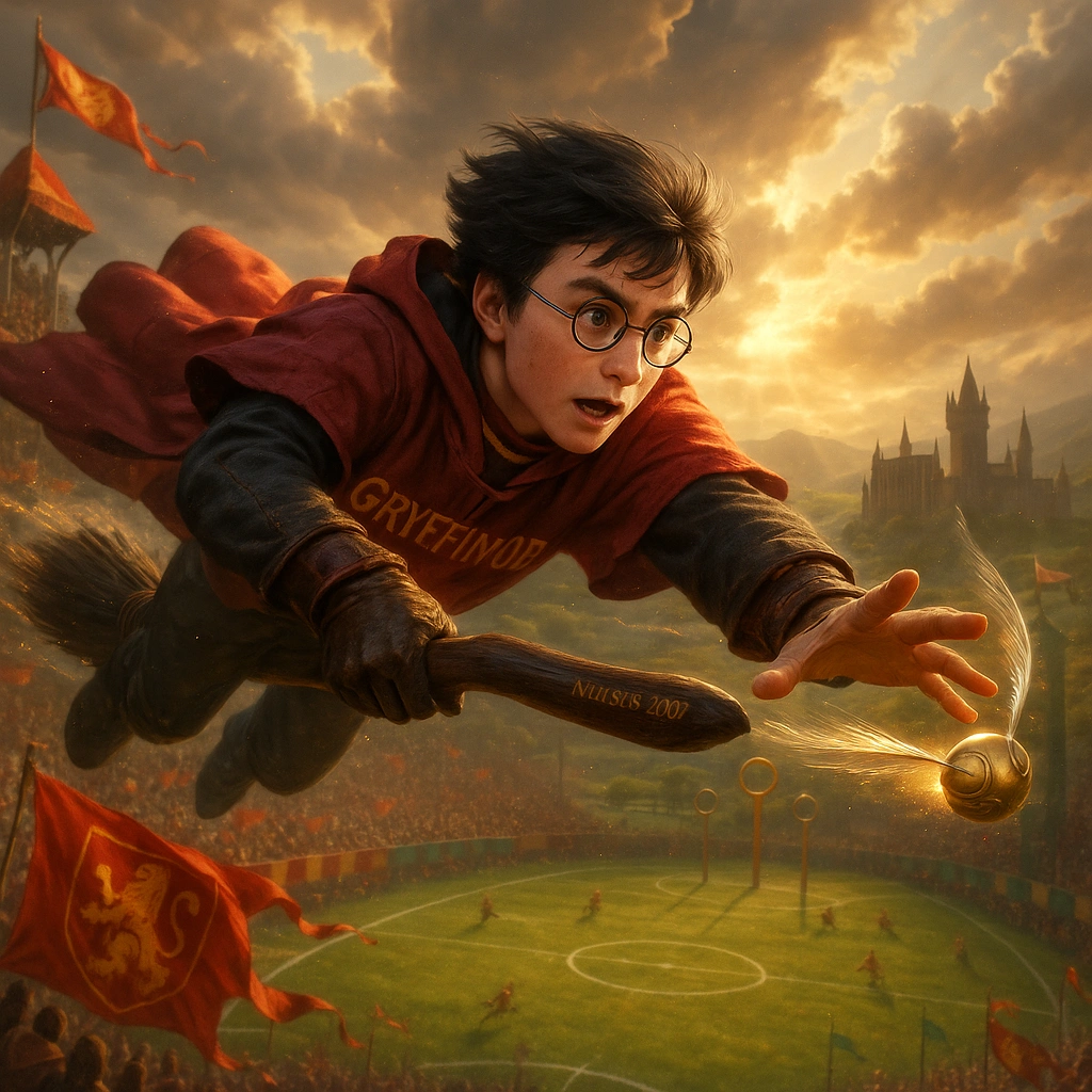 Harry Potter catching the Golden Snitch in first Quidditch match.