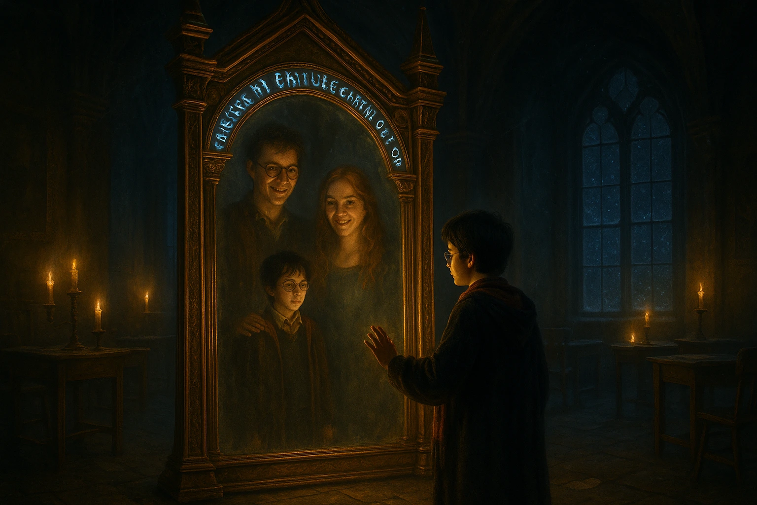 Mirror of Erised showing Harry Potter’s parents in a golden frame at Hogwarts