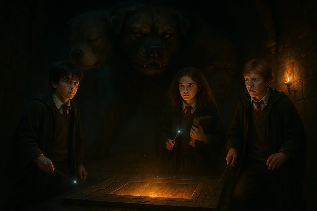 Through the Trapdoor Harry Potter illustration with Fluffy guarding the hidden entrance at Hogwarts.