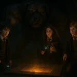 Through the Trapdoor Harry Potter illustration with Fluffy guarding the hidden entrance at Hogwarts.