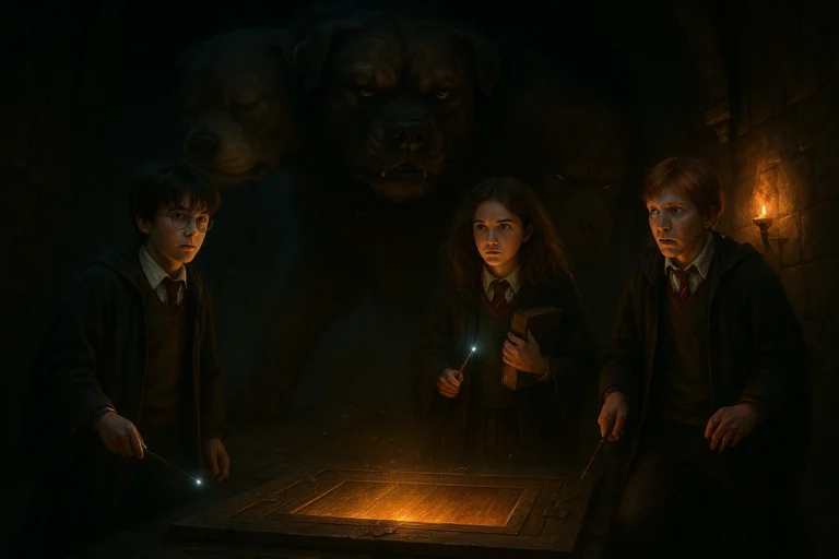 Through the Trapdoor Harry Potter illustration with Fluffy guarding the hidden entrance at Hogwarts.