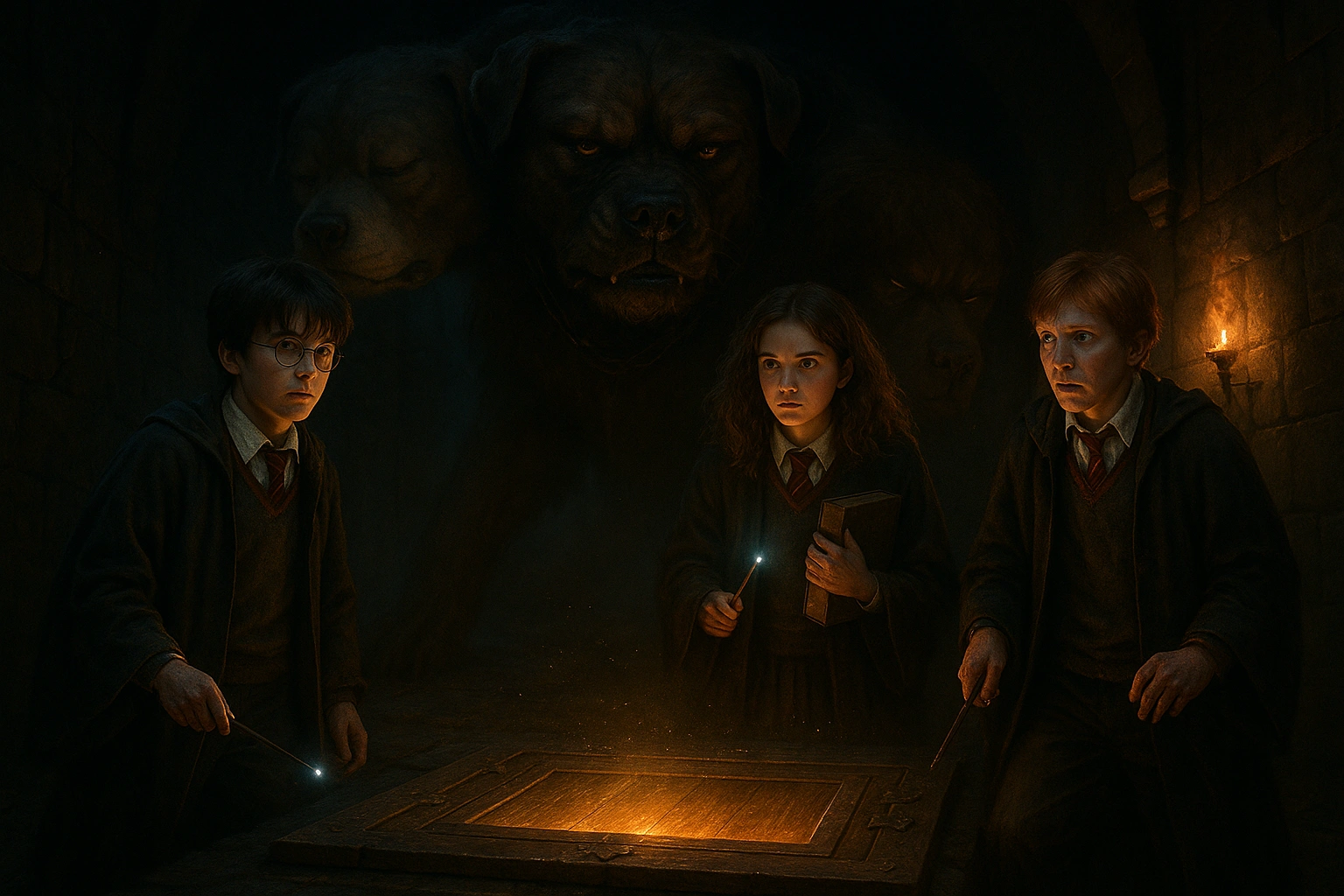Through the Trapdoor Harry Potter illustration with Fluffy guarding the hidden entrance at Hogwarts.