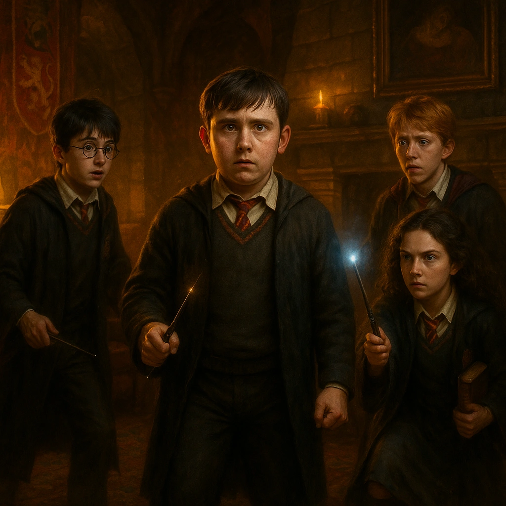Through the Trapdoor Harry Potter scene with Neville Longbottom bravely standing against Harry, Ron, and Hermione.