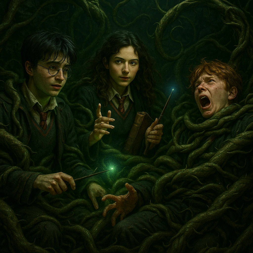 Through the Trapdoor Harry Potter illustration of Harry, Ron, and Hermione trapped in Devil’s Snare underground.