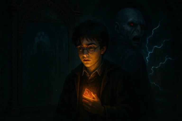 Harry vs Voldemort final battle in the Philosopher’s Stone chamber with the Mirror of Erised glowing