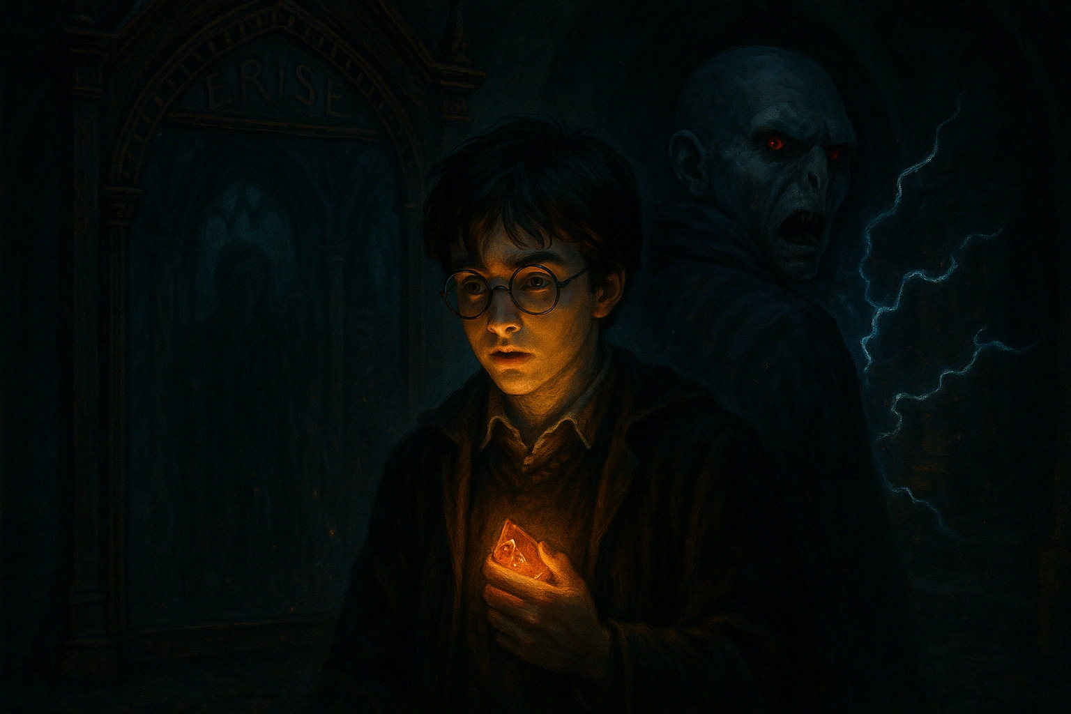 Harry vs Voldemort final battle in the Philosopher’s Stone chamber with the Mirror of Erised glowing
