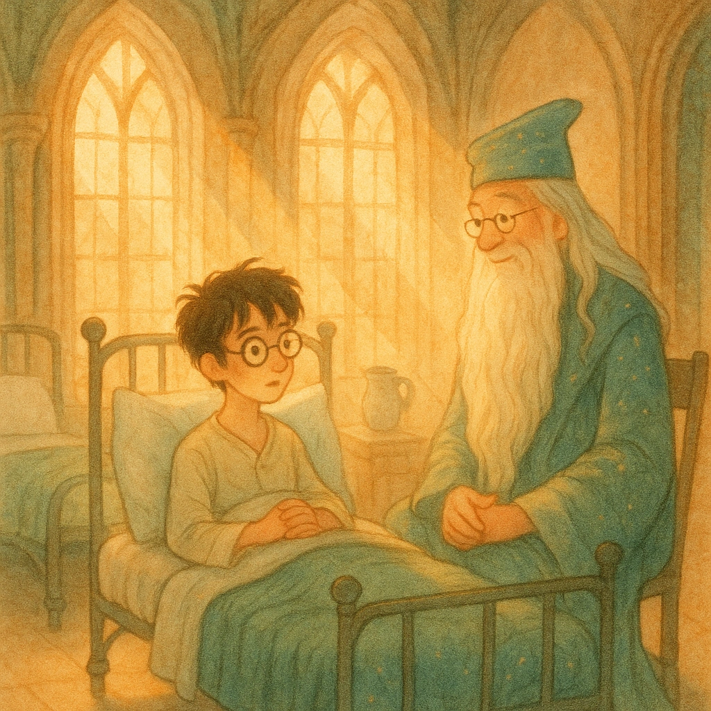 Harry vs Voldemort aftermath as Harry awakens in the Hogwarts infirmary with Dumbledore by his side