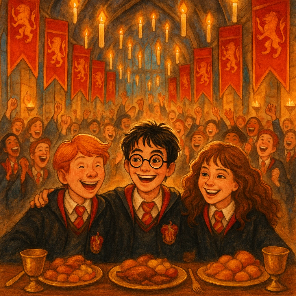 Harry vs Voldemort aftermath celebrated in the Gryffindor victory feast at Hogwarts