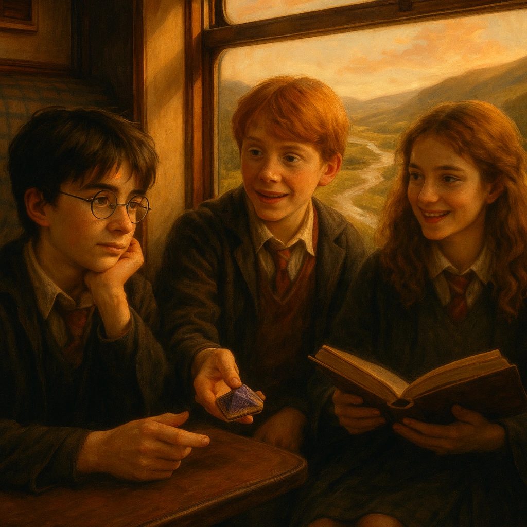 Harry Potter summer holidays train ride on the Hogwarts Express with Ron and Hermione.