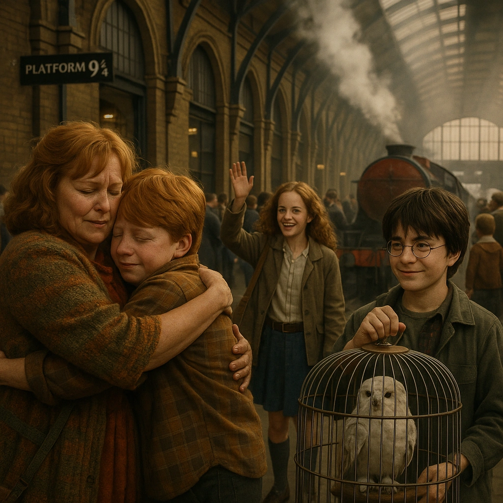 Harry Potter summer holidays farewell scene at King’s Cross Station.