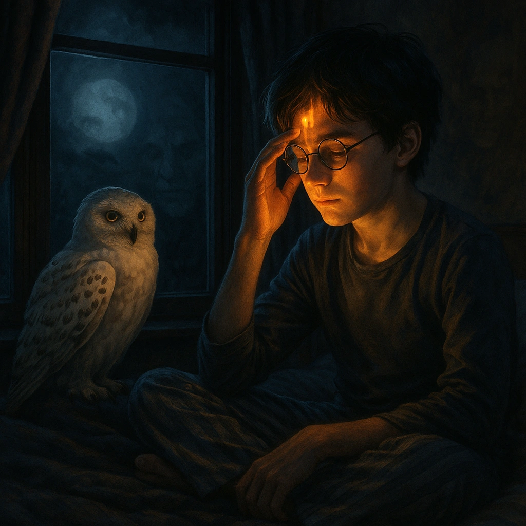 Harry Potter summer holidays night scene at Privet Drive with Hedwig and scar glowing.