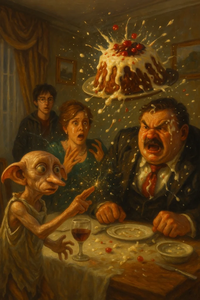 Dobby’s warning leads to chaos as pudding crashes in Harry Potter’s dining room.