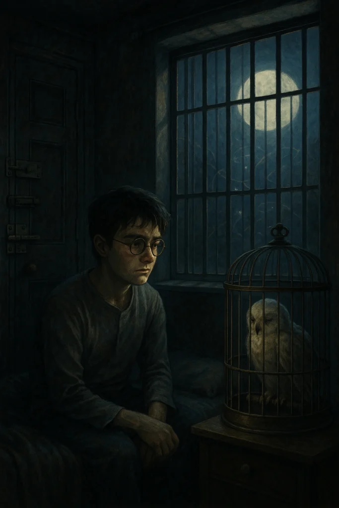 Harry Potter trapped behind bars at Privet Drive after Dobby’s warning.