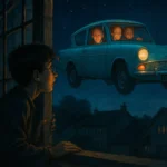 Harry Potter flying car escape from Privet Drive at night.