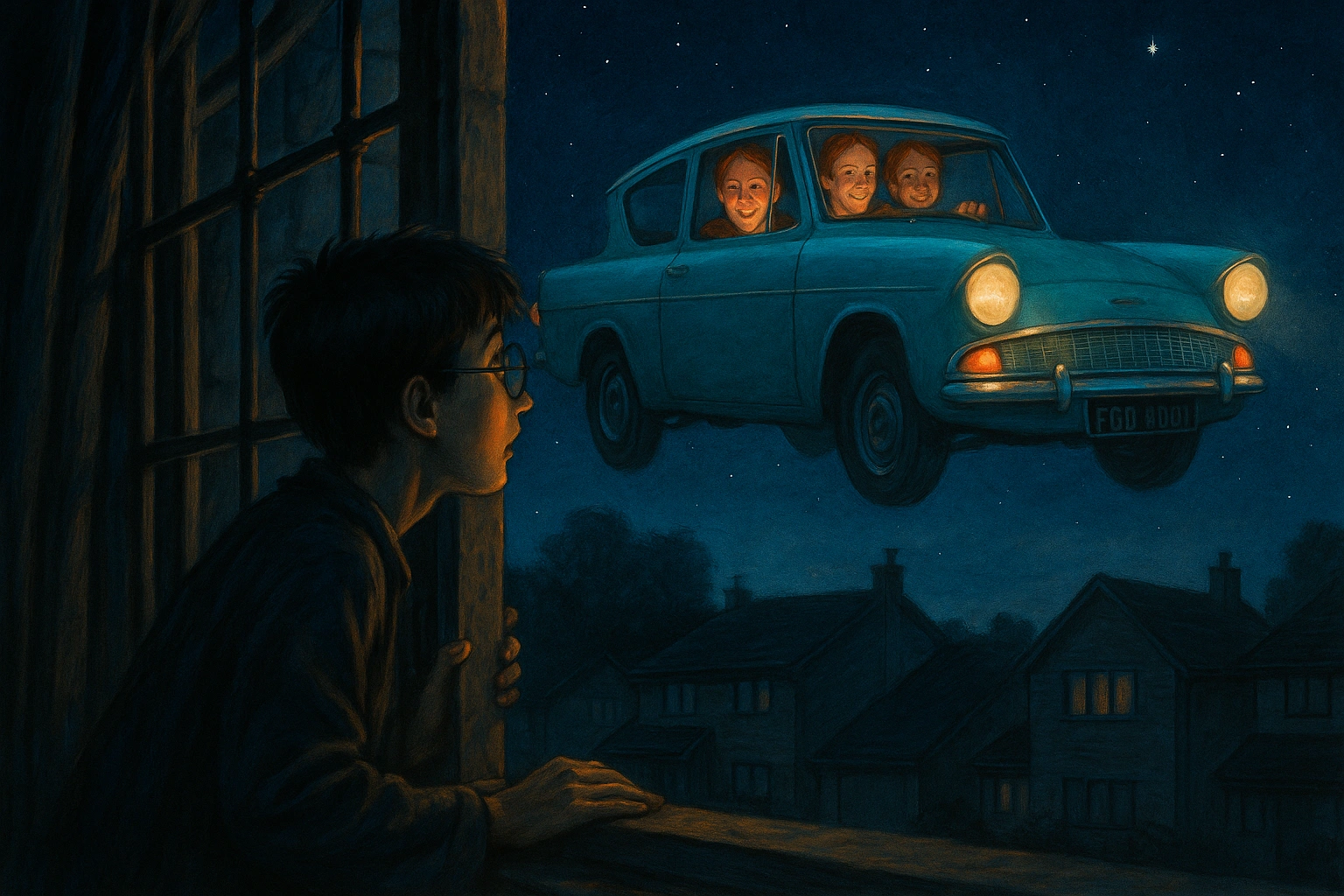 Harry Potter flying car escape from Privet Drive at night.