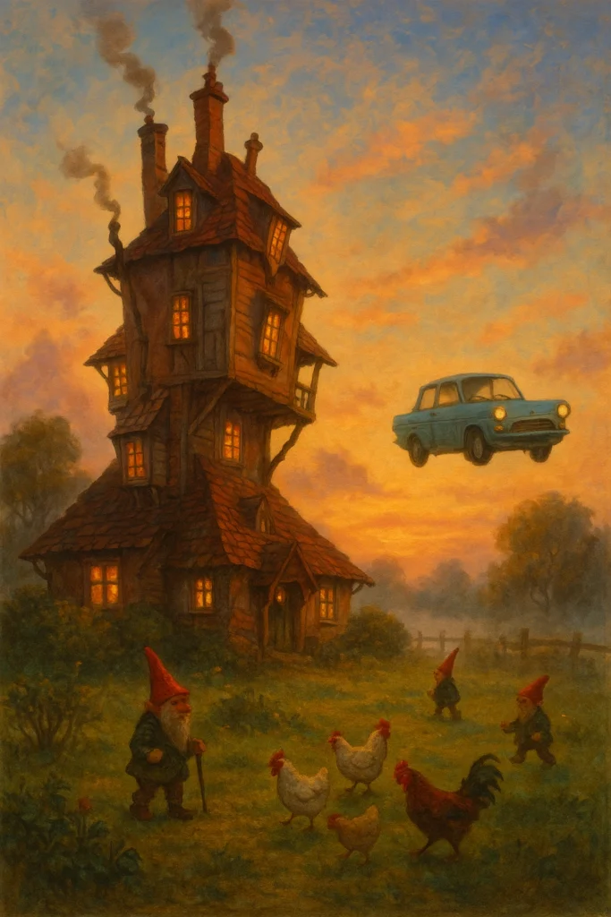 The Burrow in Harry Potter flying car arrival scene at dawn.
