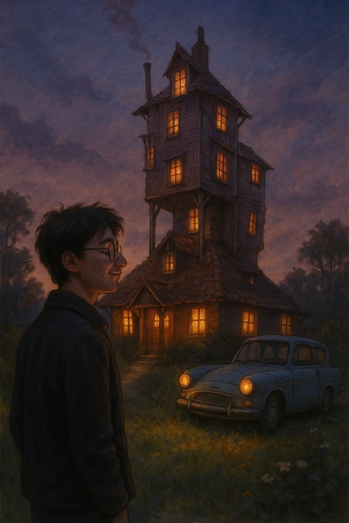 Harry Potter flying car at The Burrow garden at dusk.