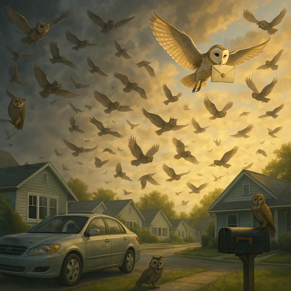 Fantasy owls delivering magical letters across Privet Drive in the “letters from nowhere Harry Potter” scene.
