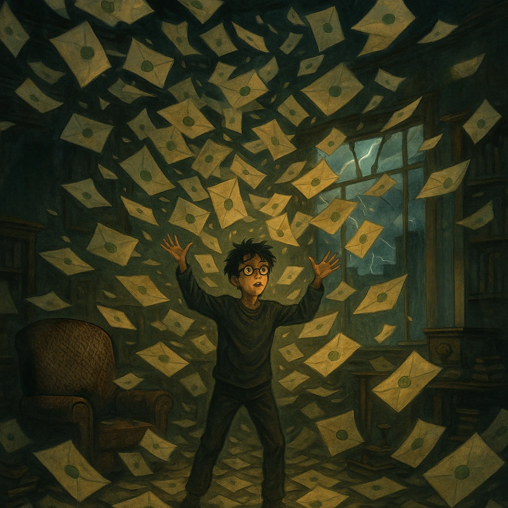 Featured image of magical letters flying through the room during the “letters from nowhere Harry Potter” moment.