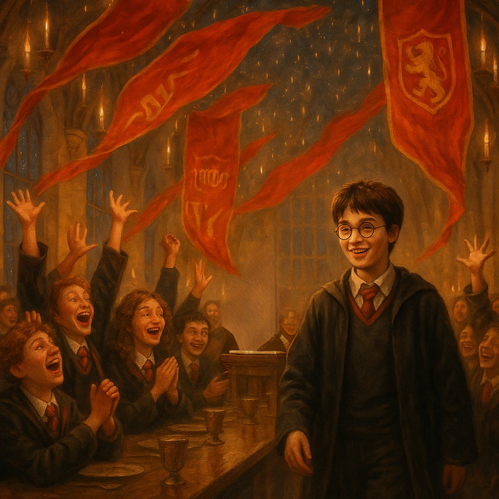 Sorting Hat announces Gryffindor for Harry Potter in Great Hall.