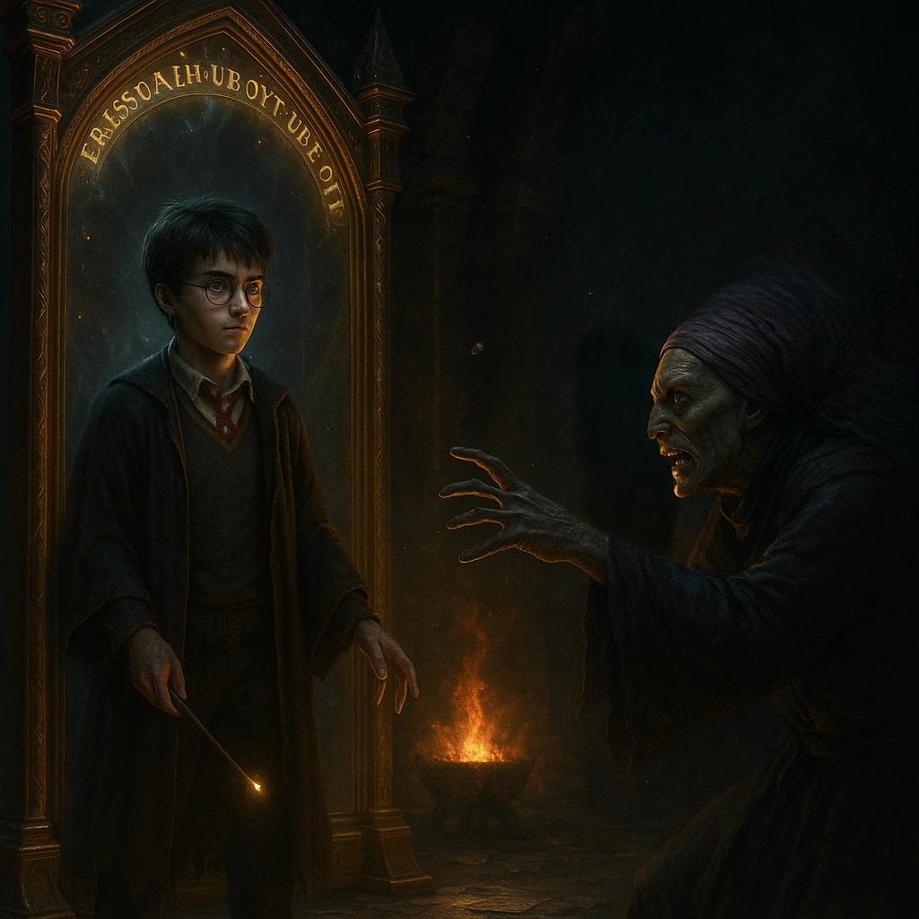Through the Trapdoor Harry Potter illustration of Harry facing Quirrell and Voldemort before the Mirror of Erised.