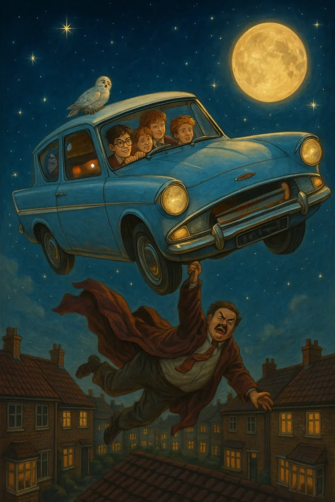 Harry Potter flying car scene above Privet Drive with Uncle Vernon.