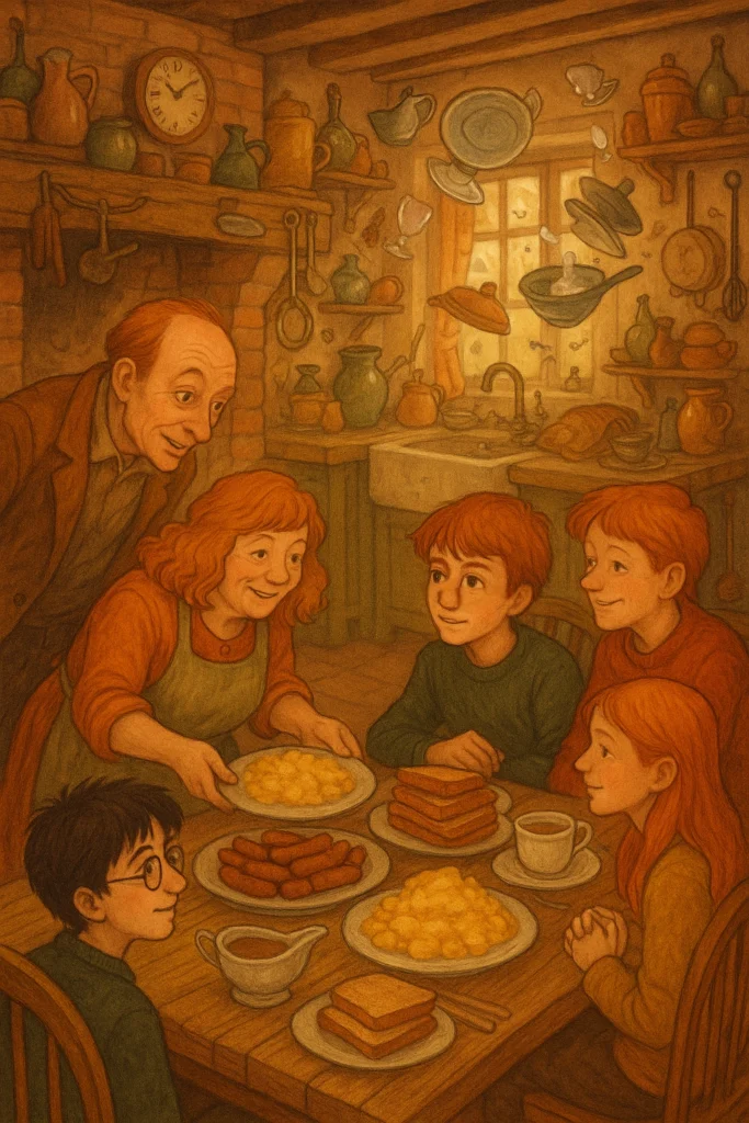 Harry Potter breakfast at The Burrow after flying car rescue.