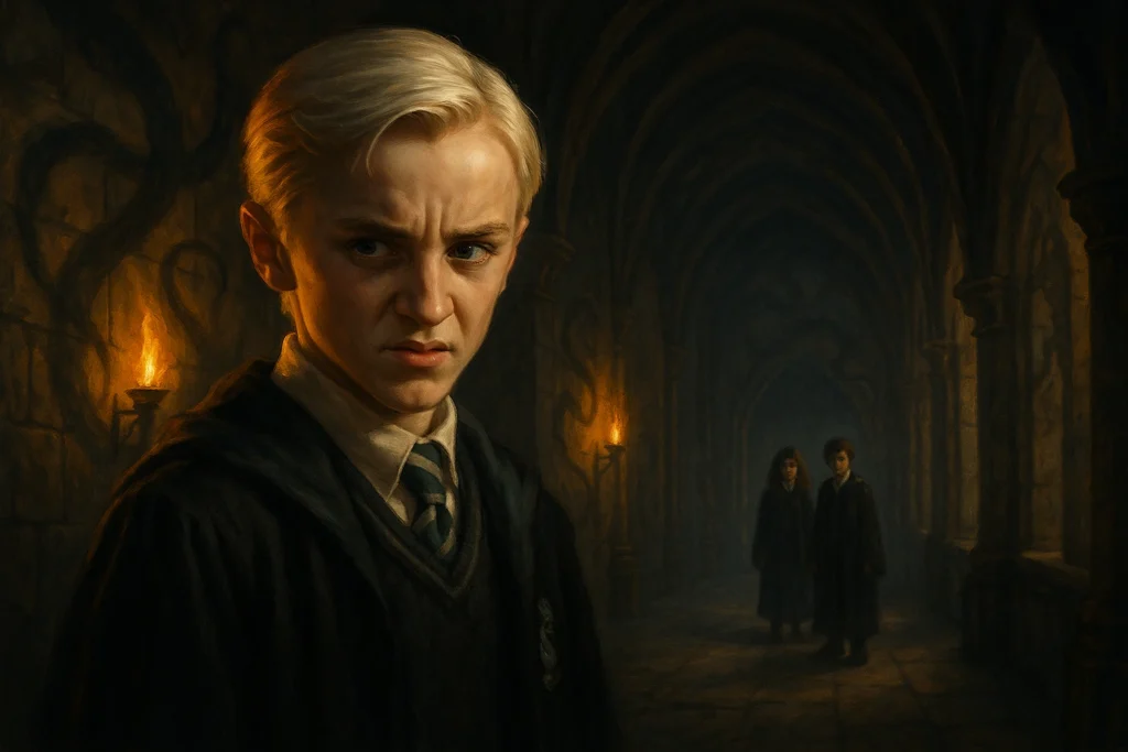 Draco Malfoy at Hogwarts sneering in torchlit corridor.