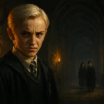 Draco Malfoy at Hogwarts sneering in torchlit corridor.