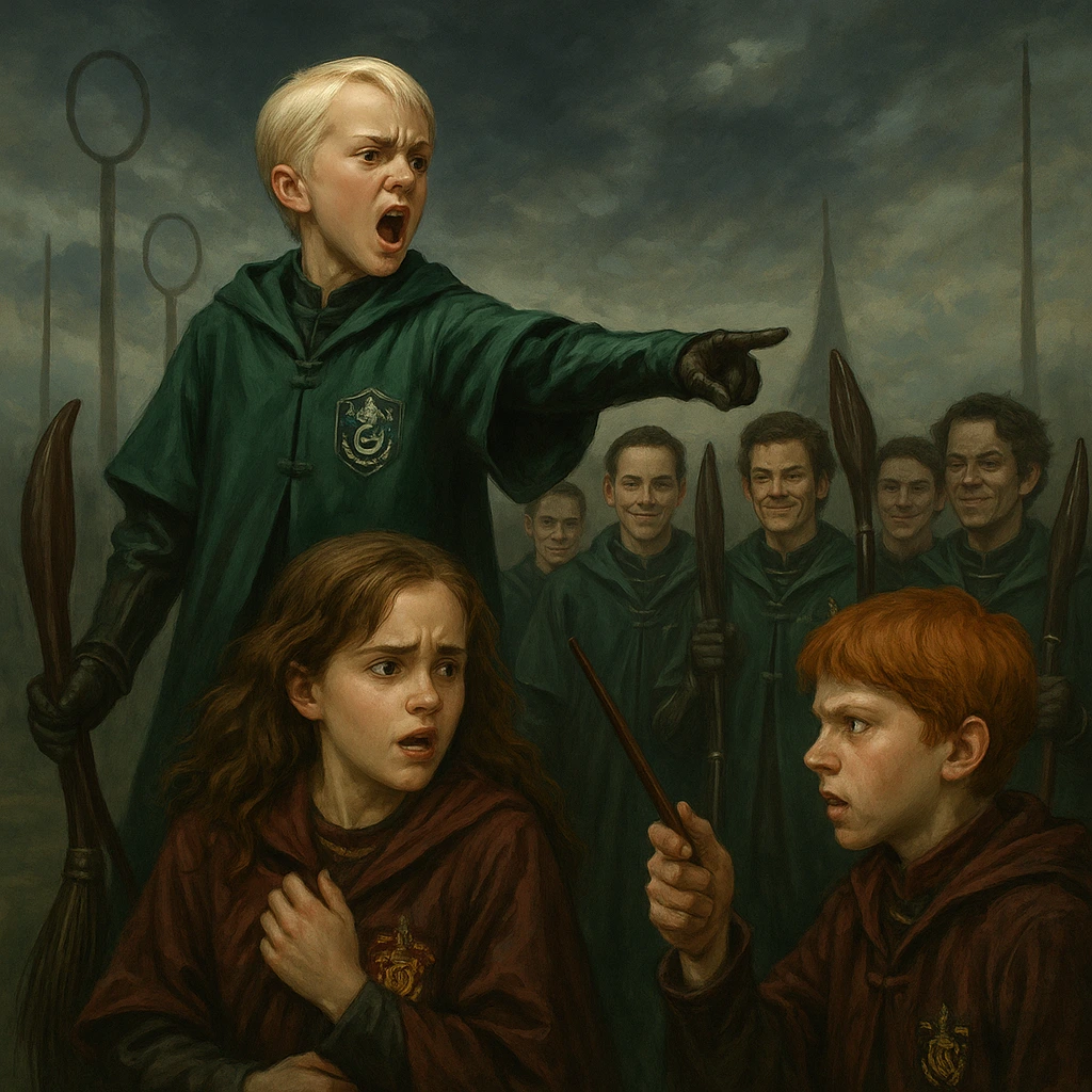 Malfoy at Hogwarts using Mudblood insult during Quidditch match.