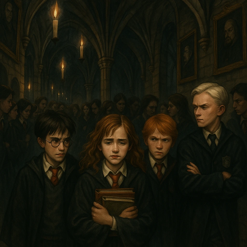 Malfoy at Hogwarts creating tension in corridors with insults.