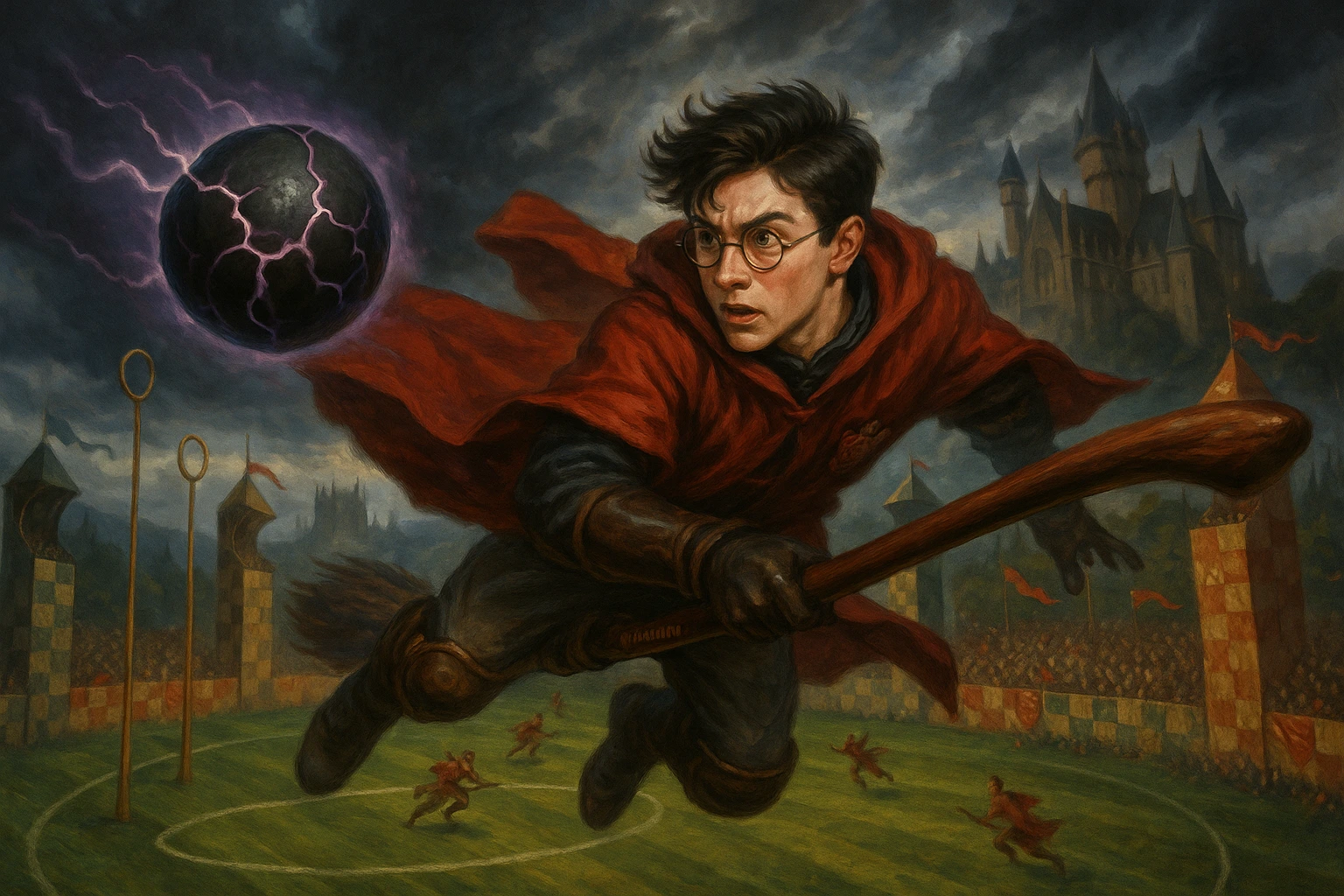 Harry Potter Quidditch pitch chaos with a bewitched Bludger attacking in The Howler & the Bludger chapter