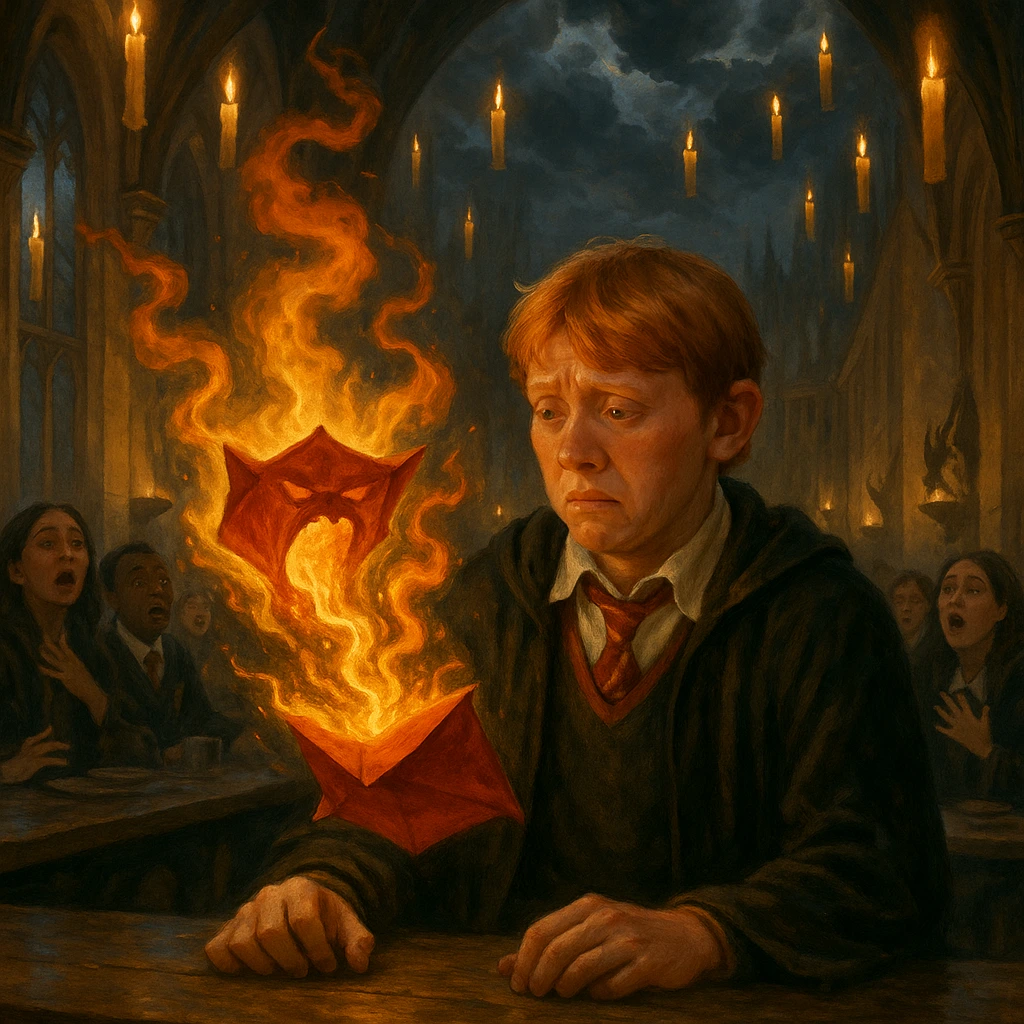 Ron Weasley receiving a Howler at Hogwarts in The Howler & the Bludger