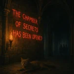 Featured illustration of Hogwarts corridor where the message “The Chamber of Secrets Has Been Opened” is written on the wall with Mrs. Norris petrified.