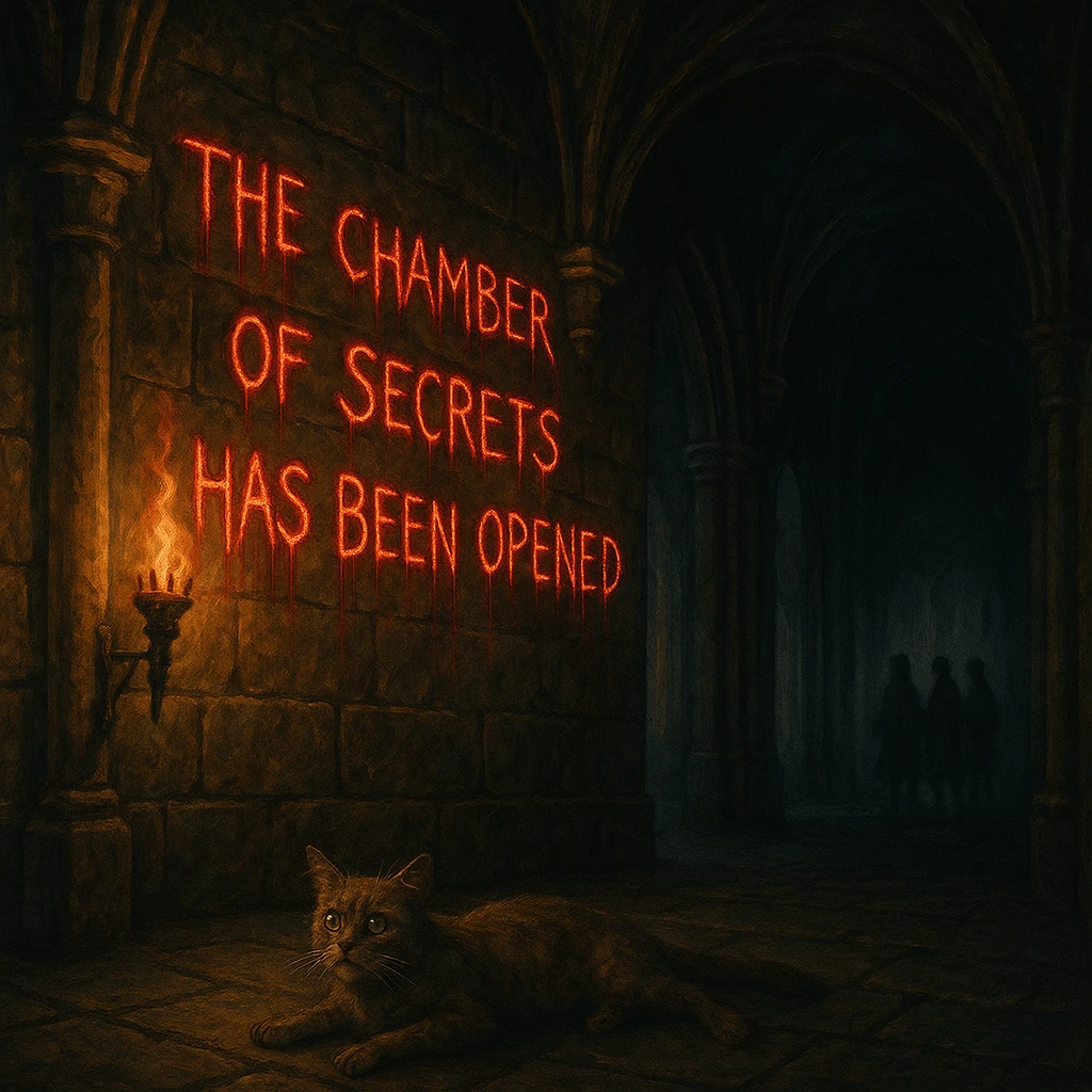 Featured illustration of Hogwarts corridor where the message “The Chamber of Secrets Has Been Opened” is written on the wall with Mrs. Norris petrified.