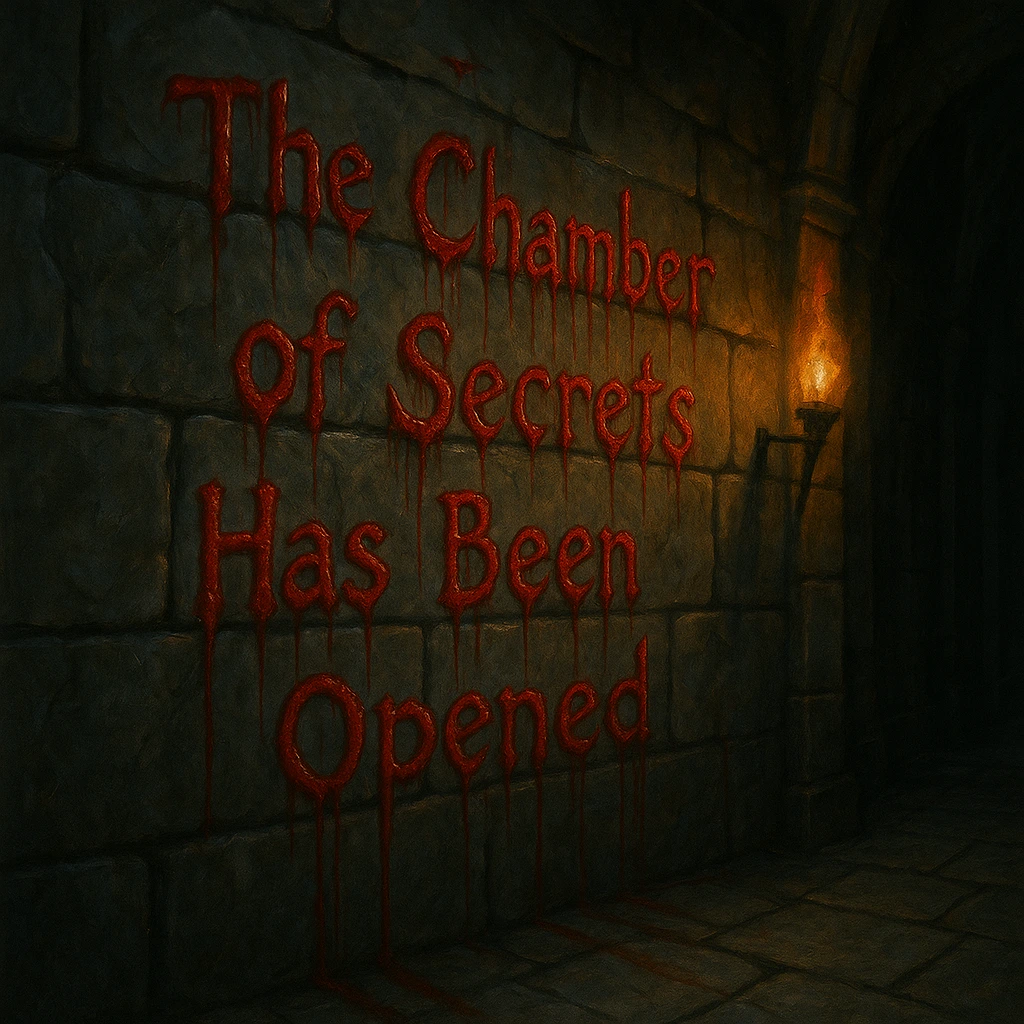 Close-up view of the writing on the wall declaring The Chamber of Secrets Has Been Opened in glowing red letters.
