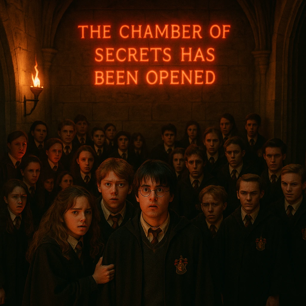 Hogwarts students shocked as they see the wall where The Chamber of Secrets Has Been Opened is written in red.