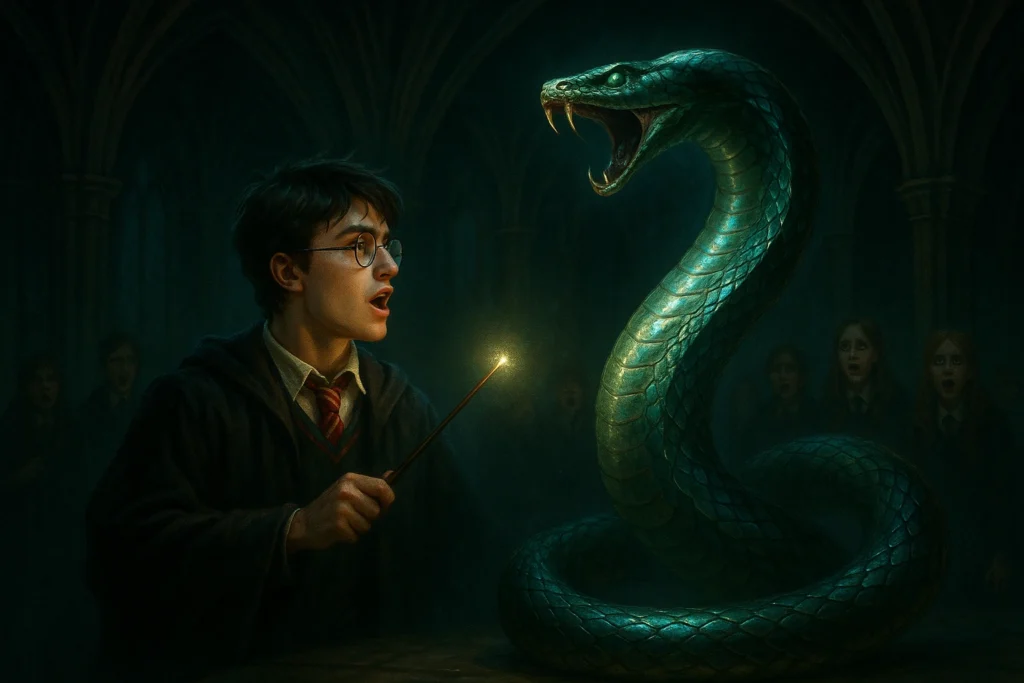 Harry’s Parseltongue Secret revealed during the Hogwarts duel with a conjured serpent.