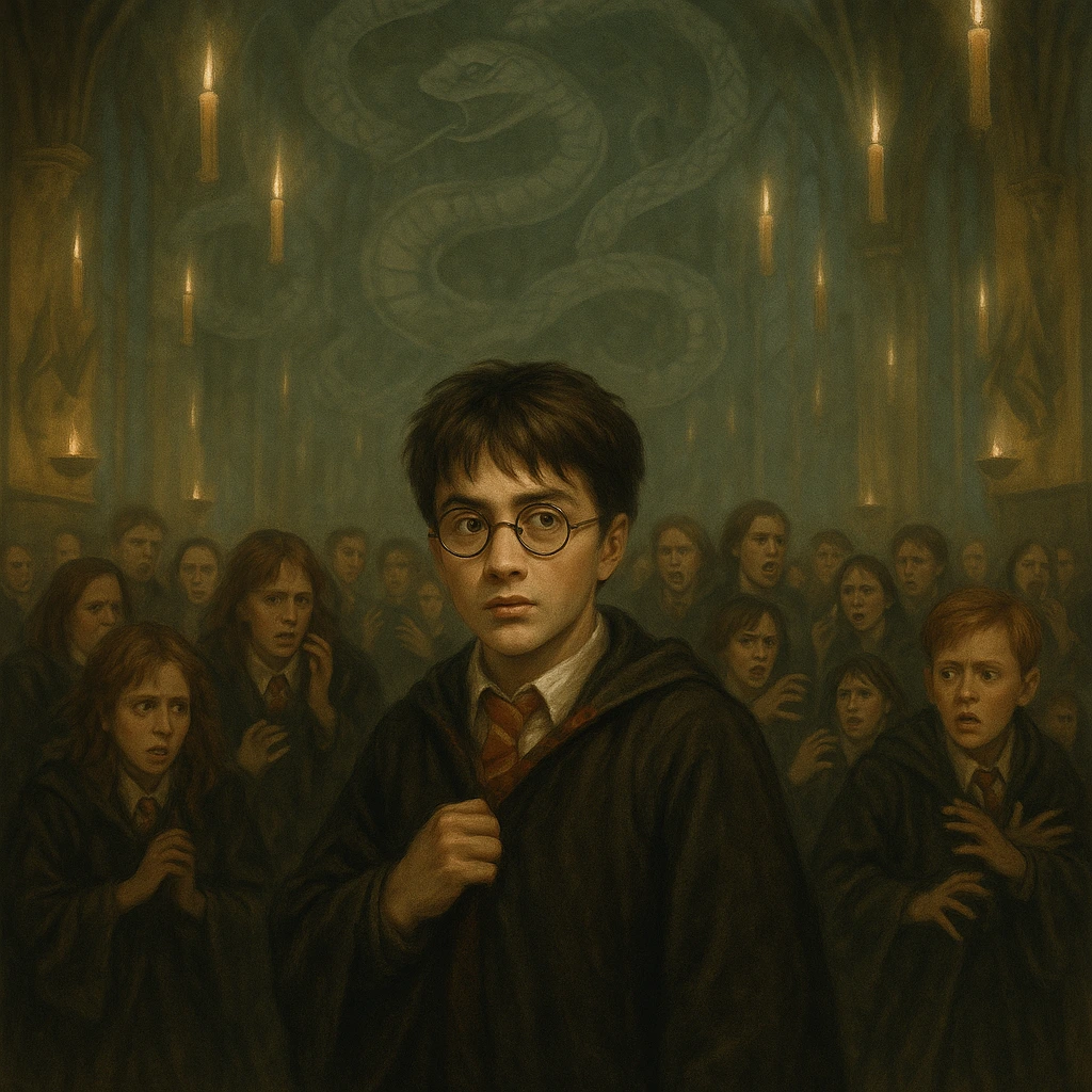 Students reacting in fear to Harry’s Parseltongue secret inside Hogwarts Great Hall.